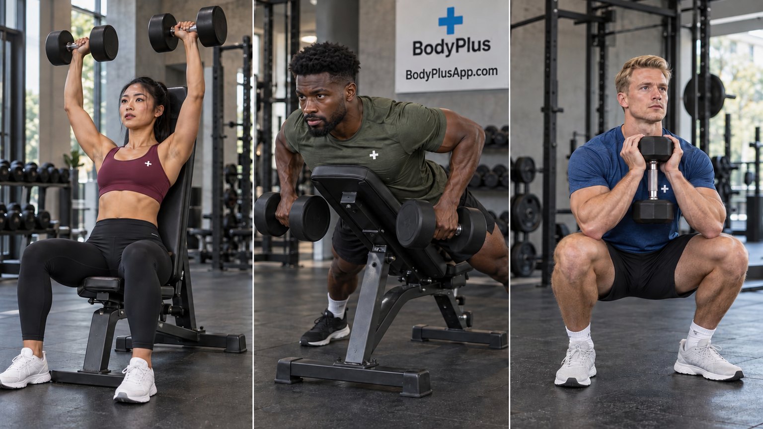 Three gym exercises side by side: a woman doing a seated overhead dumbbell press, a man doing a chest-supported dumbbell row on an incline bench, and a man doing a goblet squat