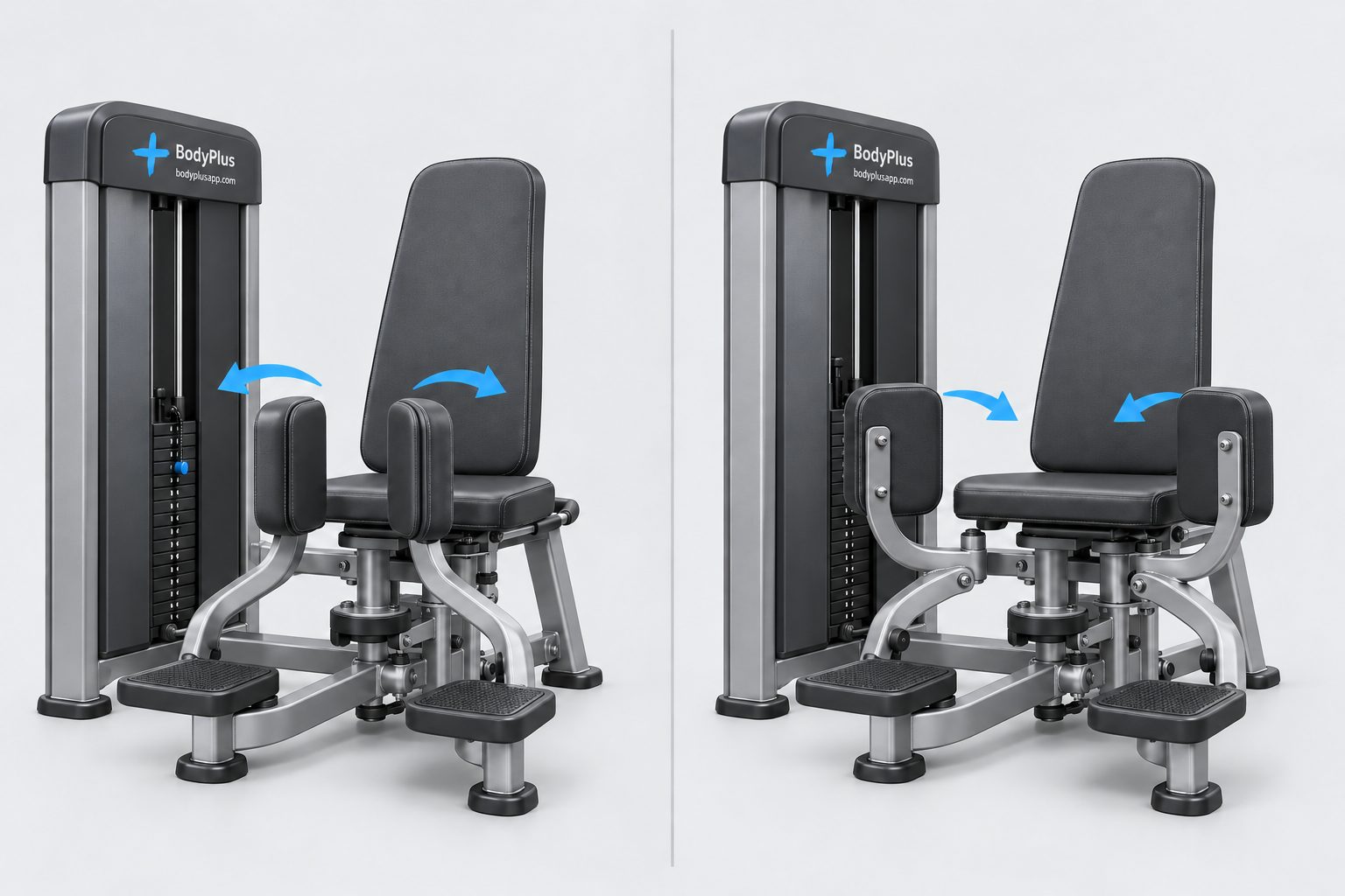 Illustrated seated hip machines: outward blue arrows on the left and inward blue arrows on the right