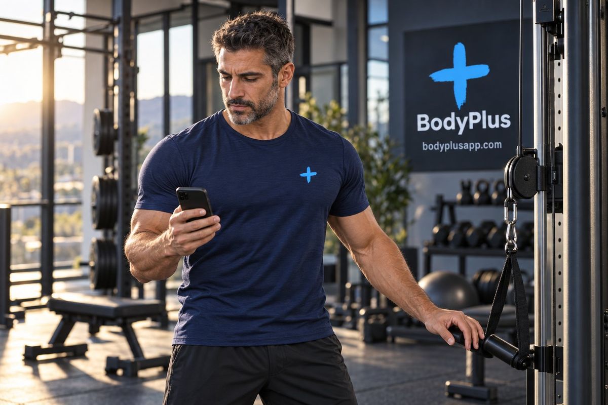A man at a cable machine checks his phone before his next exercise