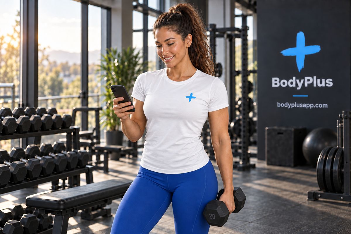 A woman checks her phone between sets at the dumbbell rack